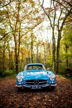 Uniek aan deze 300 SL is de kleur. De meeste Gullwings zijn namelijk zilver, terwijl deze origineel in graublau is afgeleverd. De vorige eigenaar had hem zilver laten spuiten en nu is de auto weer terug in het originele blauw.